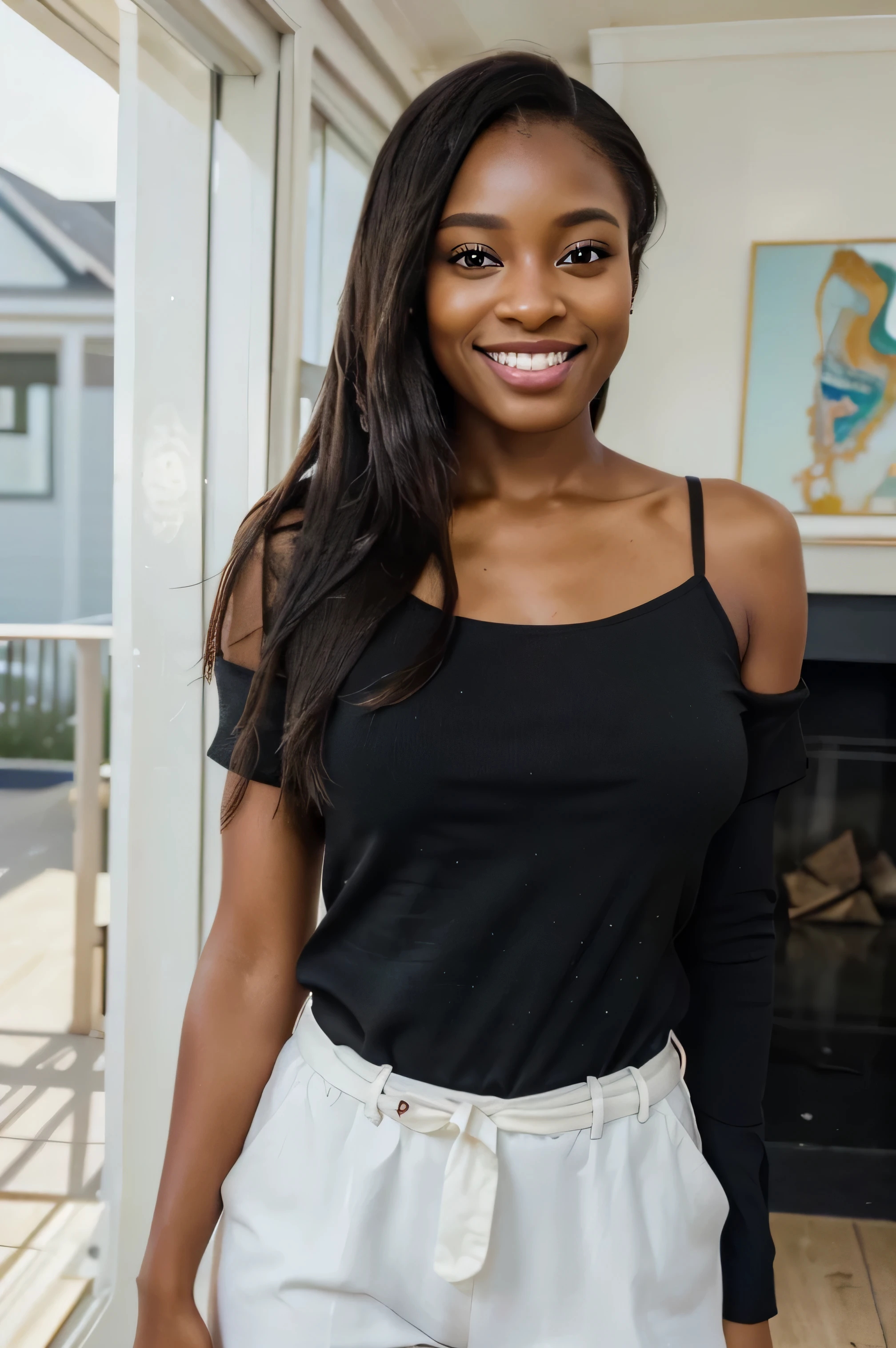 photo of a beautiful, black woman, smiling, happy, straight hair (dark brown hair) from the waist up, facing the camera, who appears to be between 35 and 45 years old, dressed in light formal clothes, in her beach house ((best quality, 8K, art: 1.3)), Super detailed faces, delicate eyes, double eyelids, blurred background,