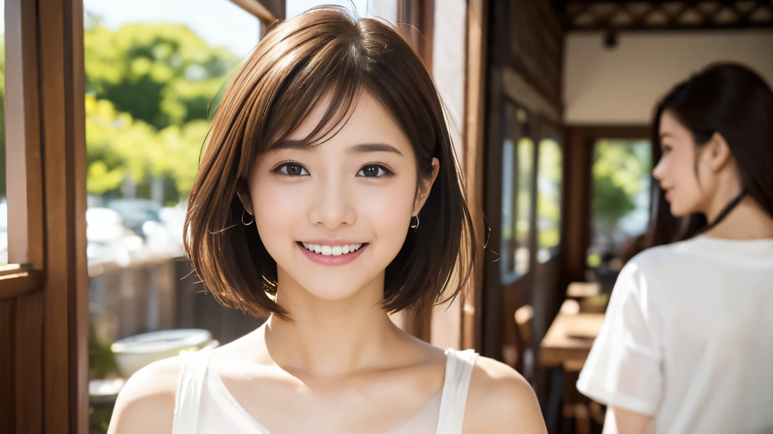 super high quality, smile, Slenderのネックレス, Slender, Gravure photoshoot, The staff is working at the counter in the back., (8k、RAW Photos、Highest quality、masterpiece:1.2), Japanese Idol, Stylish café, (Realistic、Photorealistic:1.37), Mesh Hair, Urban Cafe, Golden Ratio, Raw photo, Cute face , Light Brown Hair, Small breasts, Bright cafe interior, Blurred Background, Summer clothes, Beautiful hairstyle, Photographed inside the cafe, Hair blowing in the wind, Neat clothes, T-Shirts, Very Short Hair, 18-year-old, Stylish clothes,