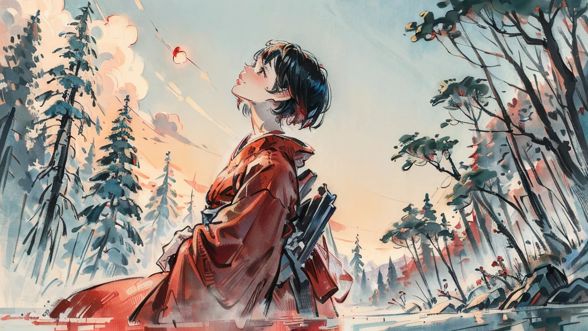 (((beautiful girl))), (((red cheek))),(((Pixie Cut))) ,(((light smile))),(((Gazing Skyward))),(((Gazing away))), (((Giant Pine Tree))), (((river))), (((shoot from below))),(((from side))),(((A clear morning))) , (Lips are red:1.5),20-year-old, Watercolor, masterpiece, Highest quality, Very delicate and beautiful girl,Very delicate and beautiful, world masterpiece theater, Super detailed, Very detailedな, Highest quality,(((fancy red kimono)))。 (((Black Hair))), (((Black Hair))), (((Black Hair))), (((Upper Body))),  High resolution, Very detailed,5 girls, Highest quality, figure, masterpiece, Highest quality, Accuracy, A woman in her twenties from the late Edo period, He has a modern anime-like face.
