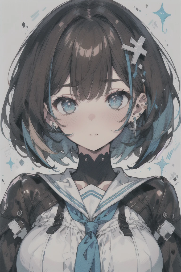 (best quality), (Super detailed), (Best Illustration), (masterpiece), score_9, score_8_up, score_7_up, (4k), (1woman), (white serafuku), (large breasts), {brown hair, (sideburns), (bob cut:1.3), curly hair, hairs between eyes, colored inner hair}, blue eyes, embarrassed, nose blush, earring,
