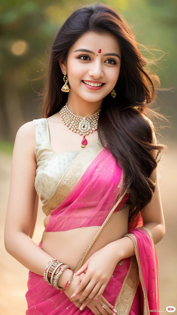 ultra high detailed, an indian girl, cute smile realistic face, happy, long hair, impressive hairstyle, detailed eyes, detailed lips, indian net wali saree pink wearing jewellery, nature background, studio , clear weather, whole body capture,noch slim image long
