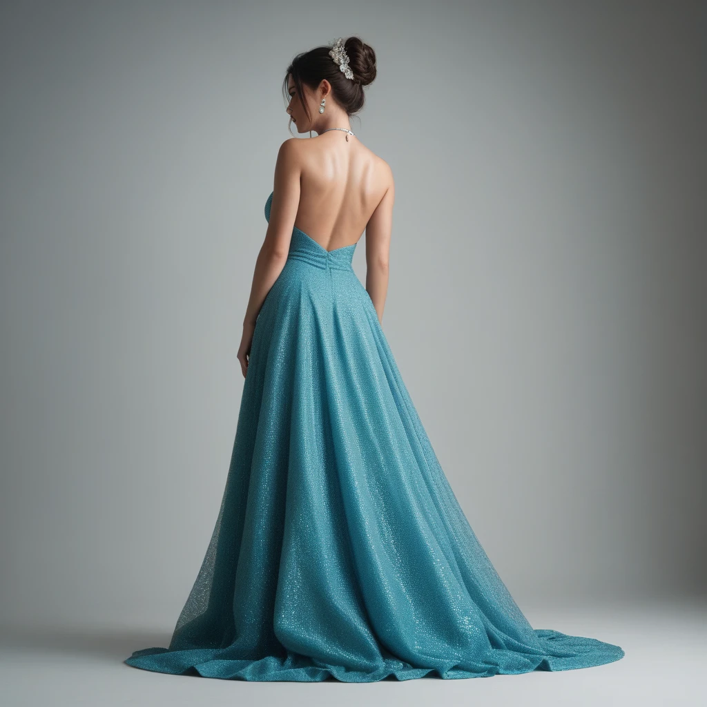  woman bending down fully in a full-length knit dress, rear view angle 