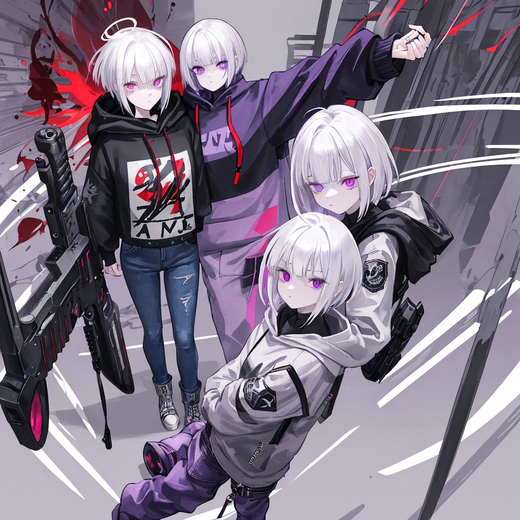 White hair, purple right eye, red left eye, black hoodie over , open front of hoodie, short hair, cute sleeves, purple halo, grey boots, denim jeans, expressionless, shotgun sling hanging from shoulder, heterochromatic eyes, 16 years old, 140cm tall, , 1 person, school, blue_Archive Anime