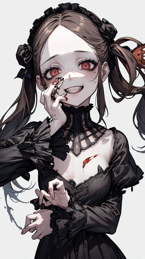 (Masterpiece: 1. 2, top quality), (live action, elaborate detail), (anatomically correct), (one girl, small breasts, open eyes, scary atmosphere, gothic ta outfit, distorted expression, evil smile, bloody eyes, blood splatter, full body, twin tails, black hair, (dark circles under eyes), white, morbid, crazy eyes, ( grin), dramatic makeup, mixed media art, white background