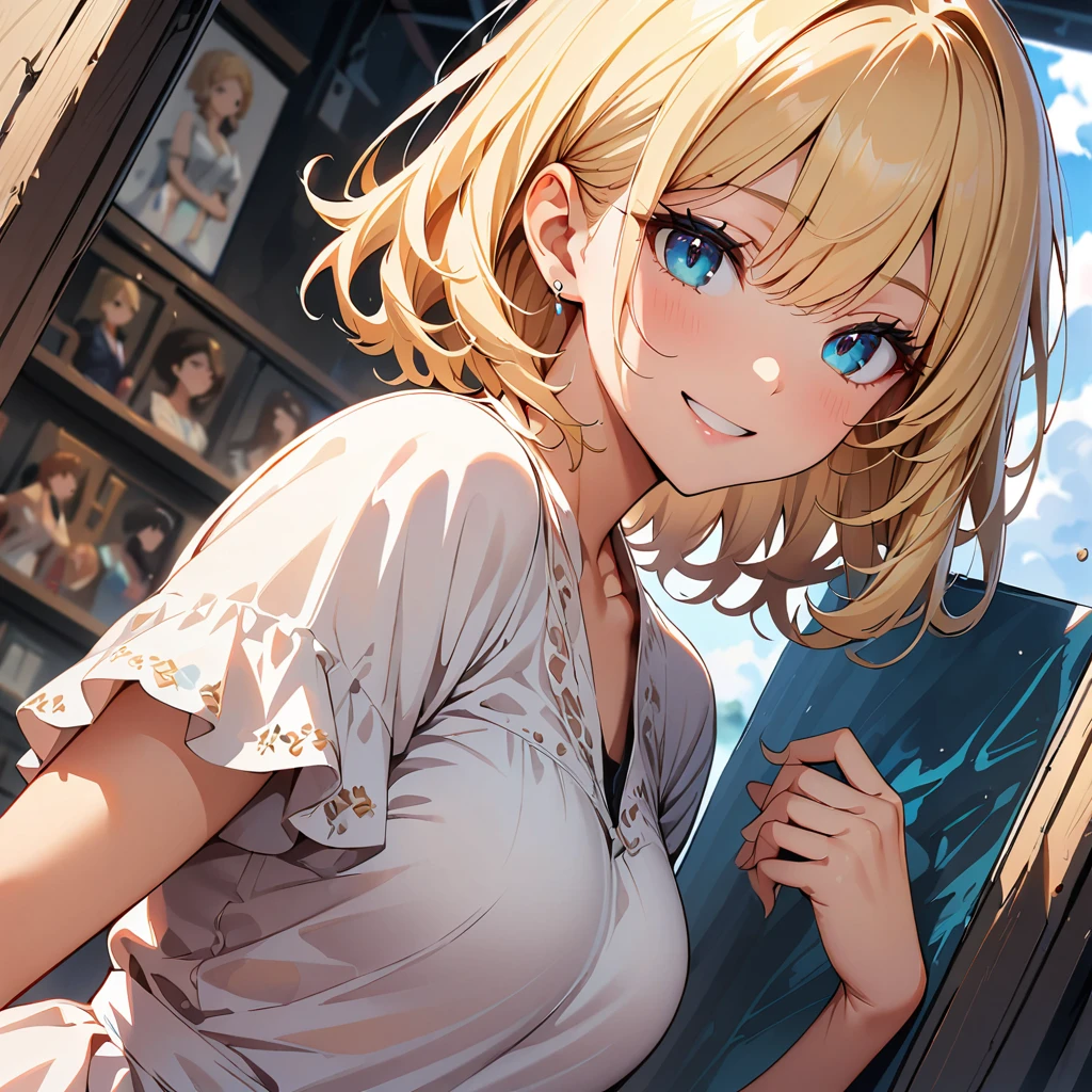 masterpiece, Highest quality, Super detailed, figure, Beautiful details, Depth of written boundary, Dynamic Angle, 8k wallpaper, Portraiture, Best light and shadow quality, 4K, 8k, CG, The finer details, Blurred Background, Upper Body, Contemporary, dress, blonde, Short Hair, Beautiful Eyes, Beautiful splashes,nice smile,Mature,Sexy,With a friend