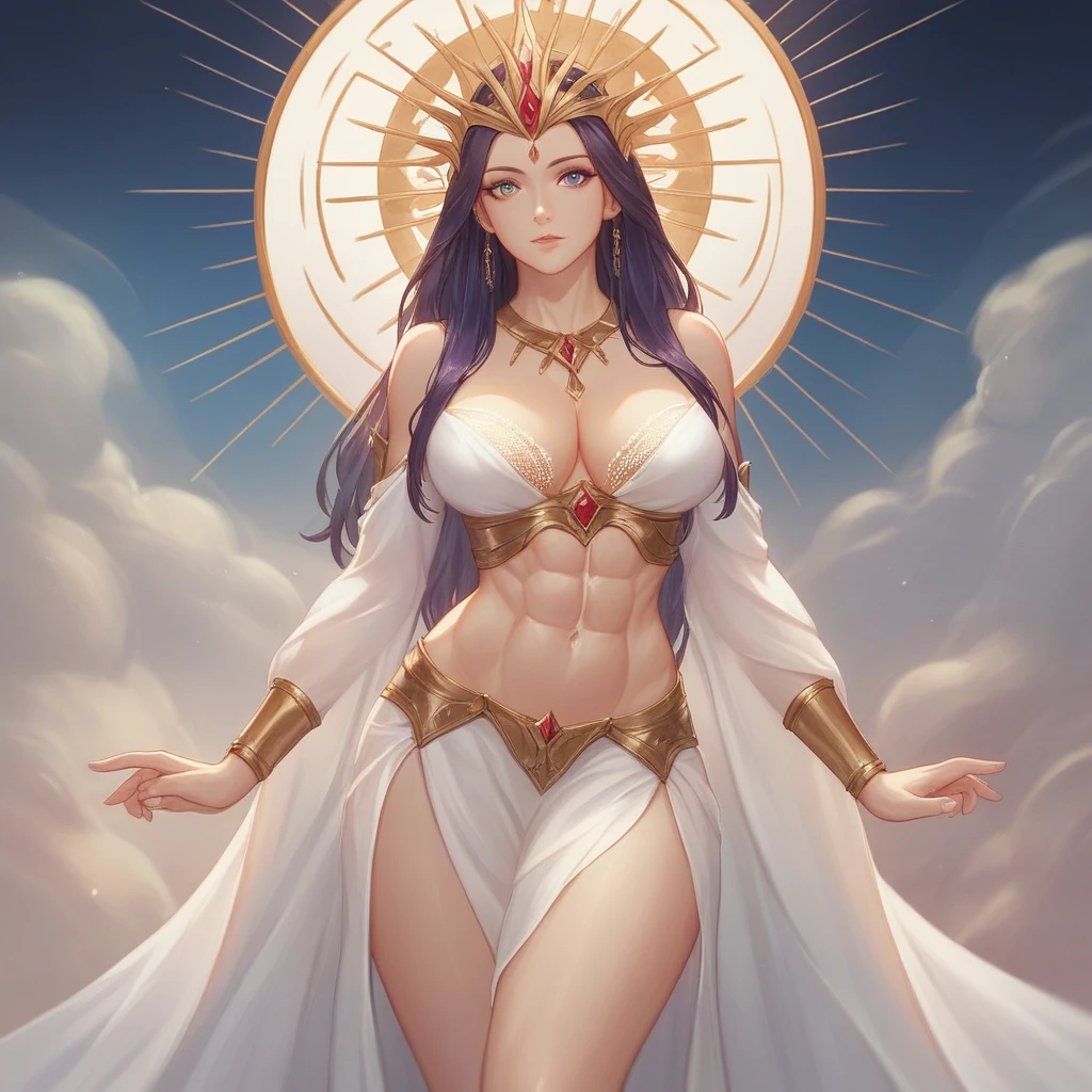 a closeup of a woman in a sexy transparent white gold low-cut lace tank with cleavage and large breasts with a lotus flower in her hand, headdress, purple necklace, jade belt , Toned abs, a beautiful fantasy empress, ((a beautiful fantasy empress)), beautiful celestial mage, beautiful character painting, Full Body Xianxia, Portrait Knight of the Zodiac Girl, by Yang J, G Liulian art style, fantasy art style, Shortening