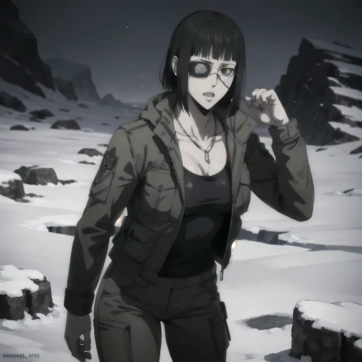 best quality,ultra-detailed,realistic:1.37),musclaur badass girl with sculpted bod,full review of the female character's face and body, intense expression, strong and confident posture, studio lighting, vivid colors, physiologically-based rendering, grungy texture, rugged background, dust particles in the air, commanding presence, professional, powerful, gritty aesthetics,,Valmet،short hair,necklace,clean clothes,wearing black Winter jacket and Camouflage combat trousers,( girl solo),eyepatch,eyes detailing,penis growth inside trousers,Photo session,,ice mountain,Leather winter jacket