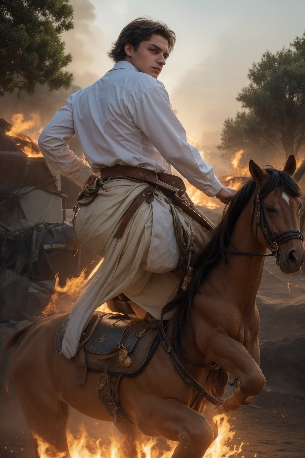 A young male twink, 19 years old, with a cute angel face, with makeup and black hair, wearing a medieval shirt with ties, a v-neck, and long sleeves, aquamarine in color, and white medieval pants. He is on the battlefield, riding on a horse, as if the horse is galloping.  He is holding a sword up and his shield in his other hand, and behind him are tents burning with flames of fire, and he looks angrily.