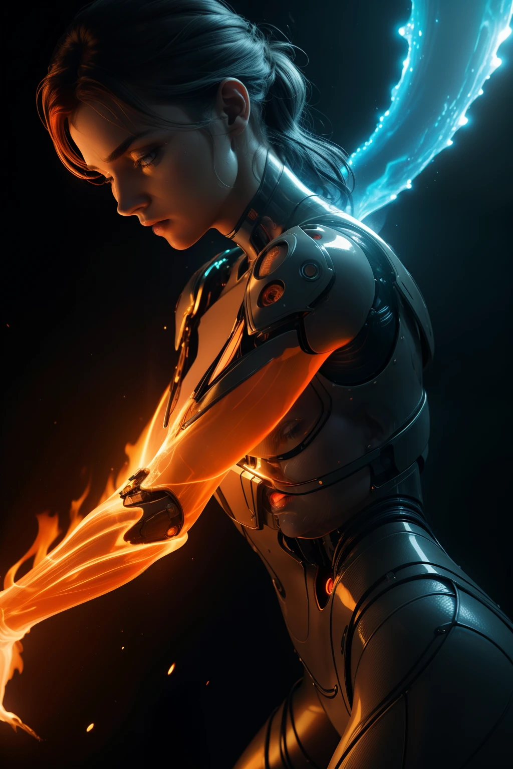 fire as part of human body, fiery, front facing, full body, front side, subsurface scattering, transparent, translucent skin, glow, bloom, Bioluminescent liquid,3d style,cyborg style,Movie Still,Leonardo Style, warm color, vibrant, volumetric light