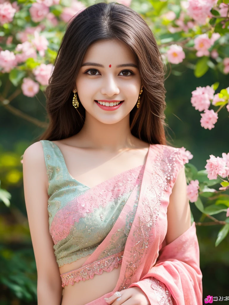 8K, ultra high detailed, an indian girl, cute smile realistic face, happy, long hair, impressive hairstyle, detailed eyes, detailed lips, indian clothes, saree, pink saree, lace, wearing jewellery, nature background, flowers, afternoon, shadow, clear weather, whole body capture,noch slim image long