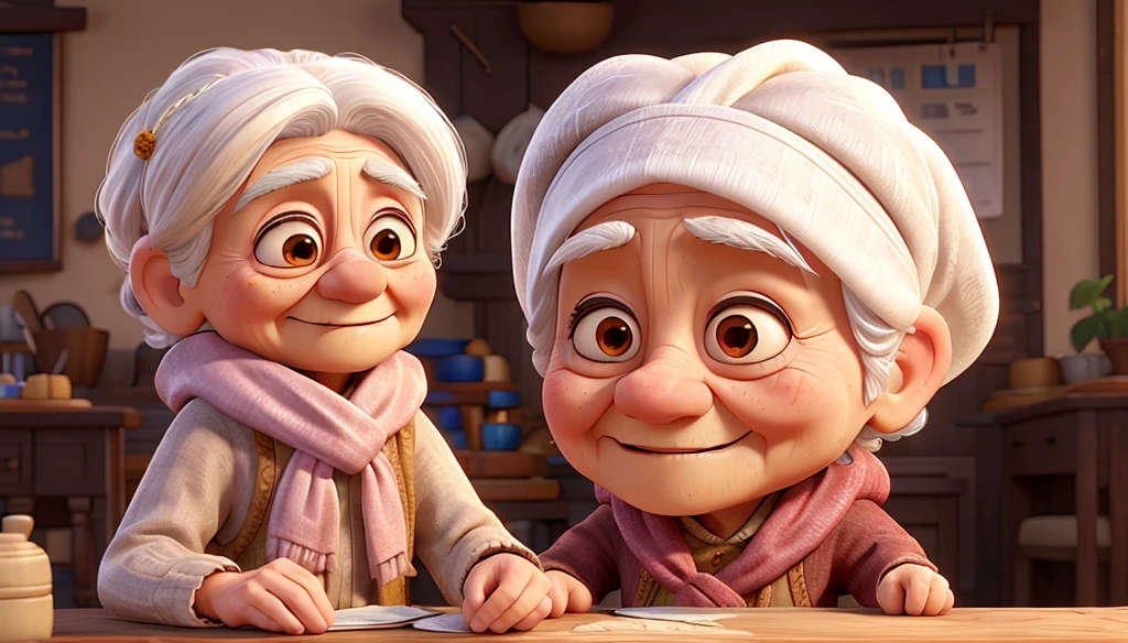 A detailed old woman with wrinkled face, kind eyes, white hair, wearing a shawl giving the some money to boy