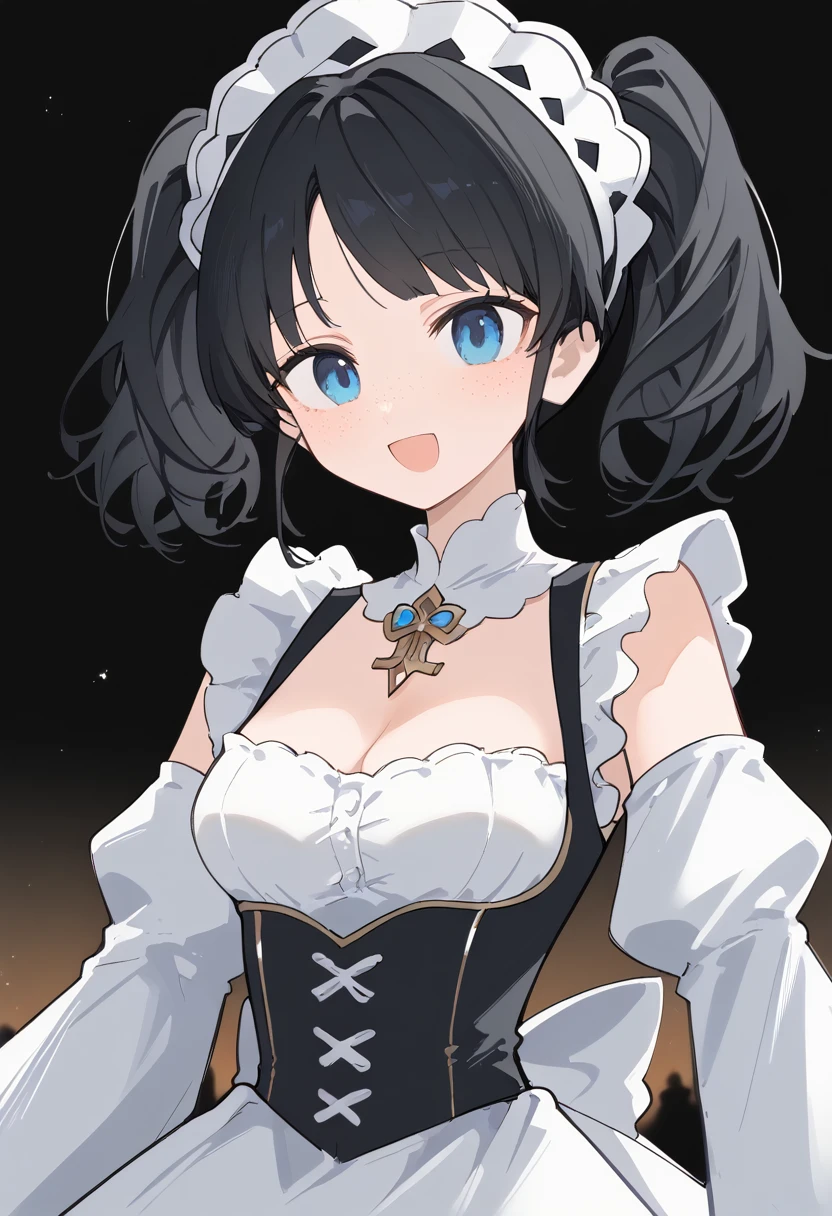 score_9, score_8_up, score_7_up, source_anime, best quality, high resolution, masterpiece, absurdres,vector trace,anime screencap, key art style, cinematic lighting, morning, 1girl, solo, standing, (upper body, close-up), medieval, dark background, ballroom,
maid, happy, french maid outfit, cleavage, freckles, twin-tails, teenager, medium breasts, eccentric, black hair, blue eyes, :D, hand against skirt