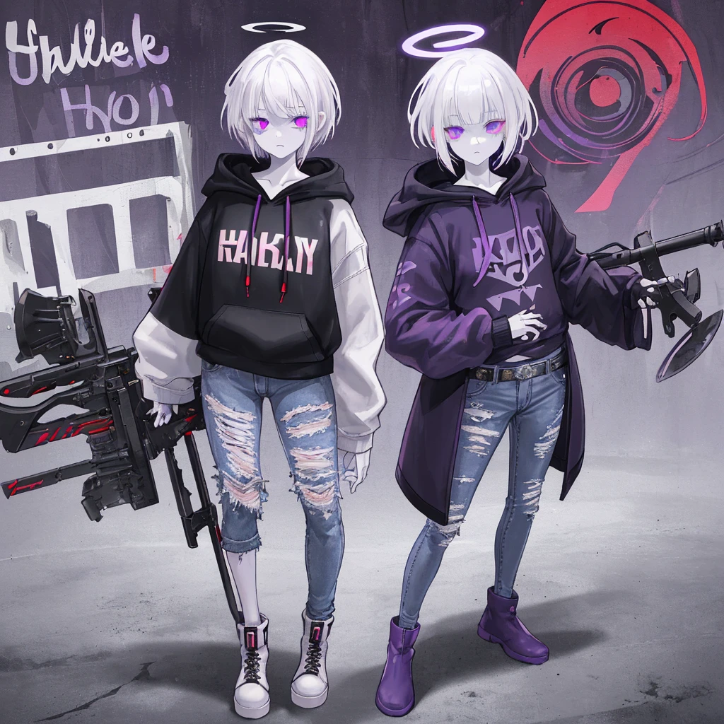 White hair, purple right eye, red left eye, black hoodie over , open front of hoodie, short hair, cute sleeves, purple halo, grey boots, denim jeans, expressionless, shotgun sling hanging from shoulder, heterochromatic eyes, 16 years old, 140cm tall, , 1 person, school, Blue Archive, anime, flesh-colored skin