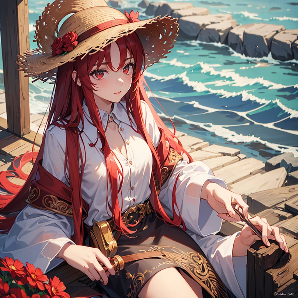 masterpiece, best quality), Intricate details, 1 girl, Miss, Red hair, straw hat, us \ (piece\), scar on face, (Long hair), shirt, white shirt, Women&#39;s Focus, clothing, collared shirt, Pants, cape, Black coat, shirt, scar, sandals, Chest muscles, Partially unraveled, cleveage, Black coat on shoulders, nature, landscape, Upper Body,