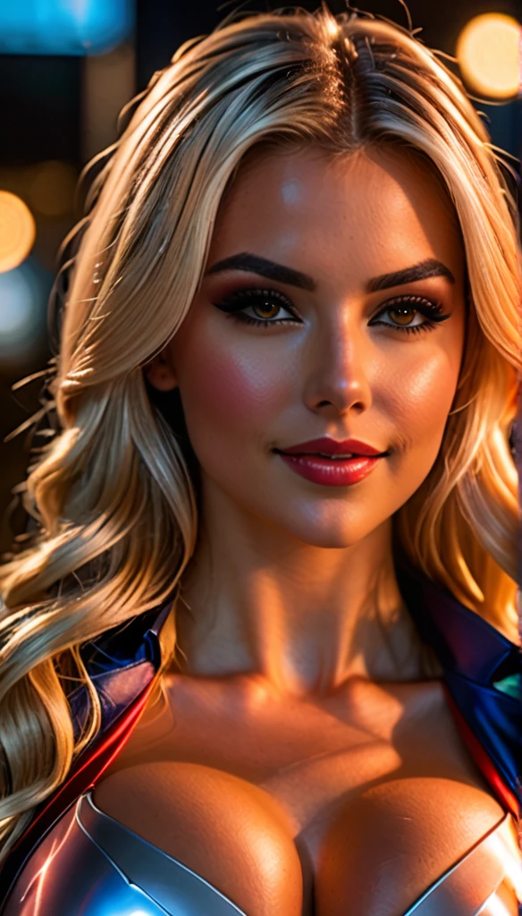 (dynamic lighting), (75mm), (realism), ((realistic:1)), (depth of field:1), (UHD), (32k))), (Mastepiece), (highres, high resolution), (Advanced facial details:1), ((shiny skin)), (photorealistic:1), (dslr), (soft lighting), (high quality), (clearly face:1.0), (((full body shot:1))), (finely detailed face:1.0), (top quality), (Best Quality:1), ((long straight platinum blonde hair)), ((alena aenami)), smiling, ((VERY INTENSE MAKEUP)), voluptuous, neckline, sexy, Superheroine power girl,