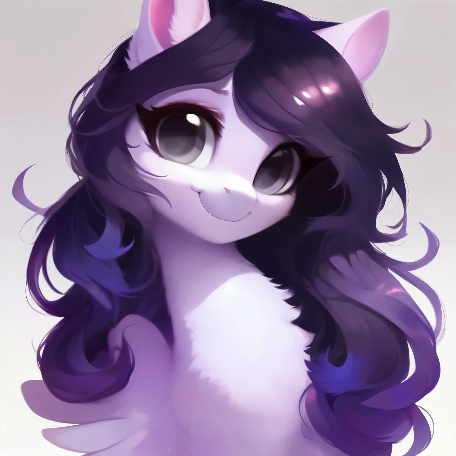 rating_safe, score_9, fluffy, feral pegasus pony, female,round cute face, Light purple body, black-purple mane, disheveled hair, soft and delicate long hair, clear grey eyes, grey eyes, smiling. dynamic。young and beautiful
