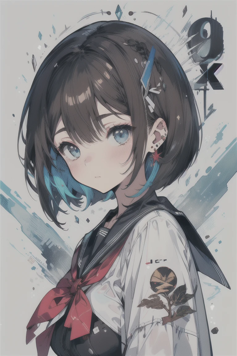(best quality), (Super detailed), (Best Illustration), (masterpiece), score_9, score_8_up, score_7_up, (4k), (1woman), (white serafuku), (large breasts), {brown hair, (sideburns), (bob cut:1.3), curly hair, hairs between eyes, colored inner hair}, blue eyes, embarrassed, nose blush, earring,