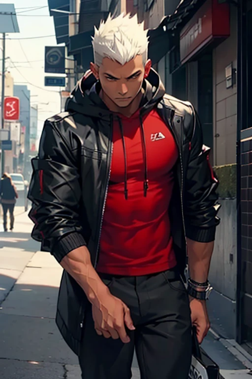 white spikey hair, dark skin, dark-skinned male, open black hooded jacket, red t-shirt, black pants