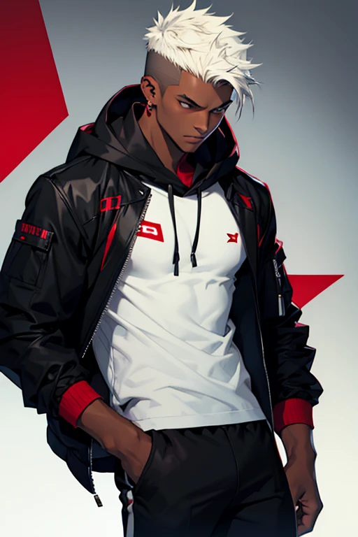 white spikey hair, dark skin, dark-skinned male, open black hooded jacket, red t-shirt, black pants