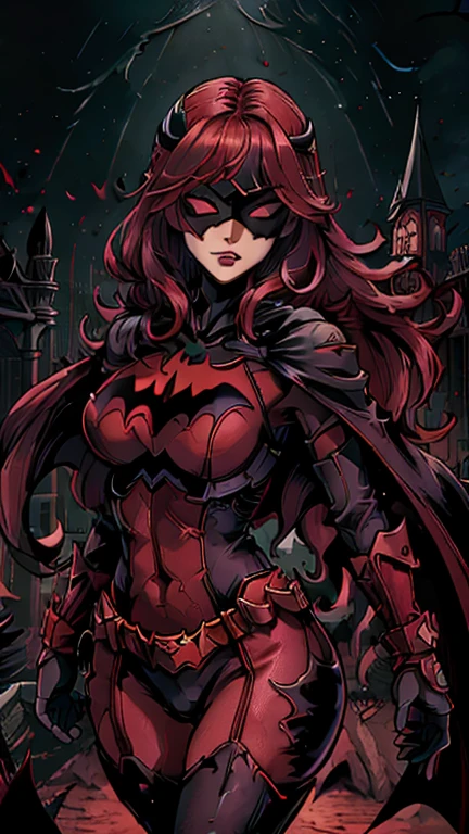 (Dominican: Caribbean:1girl: Batwoman), (extremely detailed CG unit 8k wallpaper),(master part), (best quality), (ultra detali), (best illustration),(melhor ombre), cowboy shot, (Sharp eyeliner, ombre, detailedeyes:1), Gothic Castle background, ,break, long hair ,red hair, Cameltoe,gothichorrorai, red gloves, clothing, cape, gloves, lipstick, mask, red cape