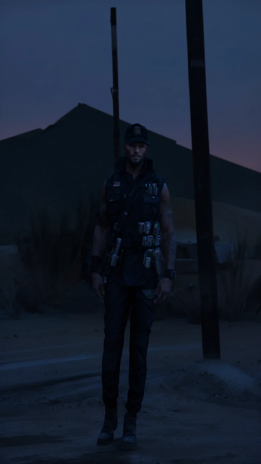 there is a man standing in the dirt with a hat on, mechanic rider outfit, highly detailed full body, in a dark space mercenary outfit, realistic
