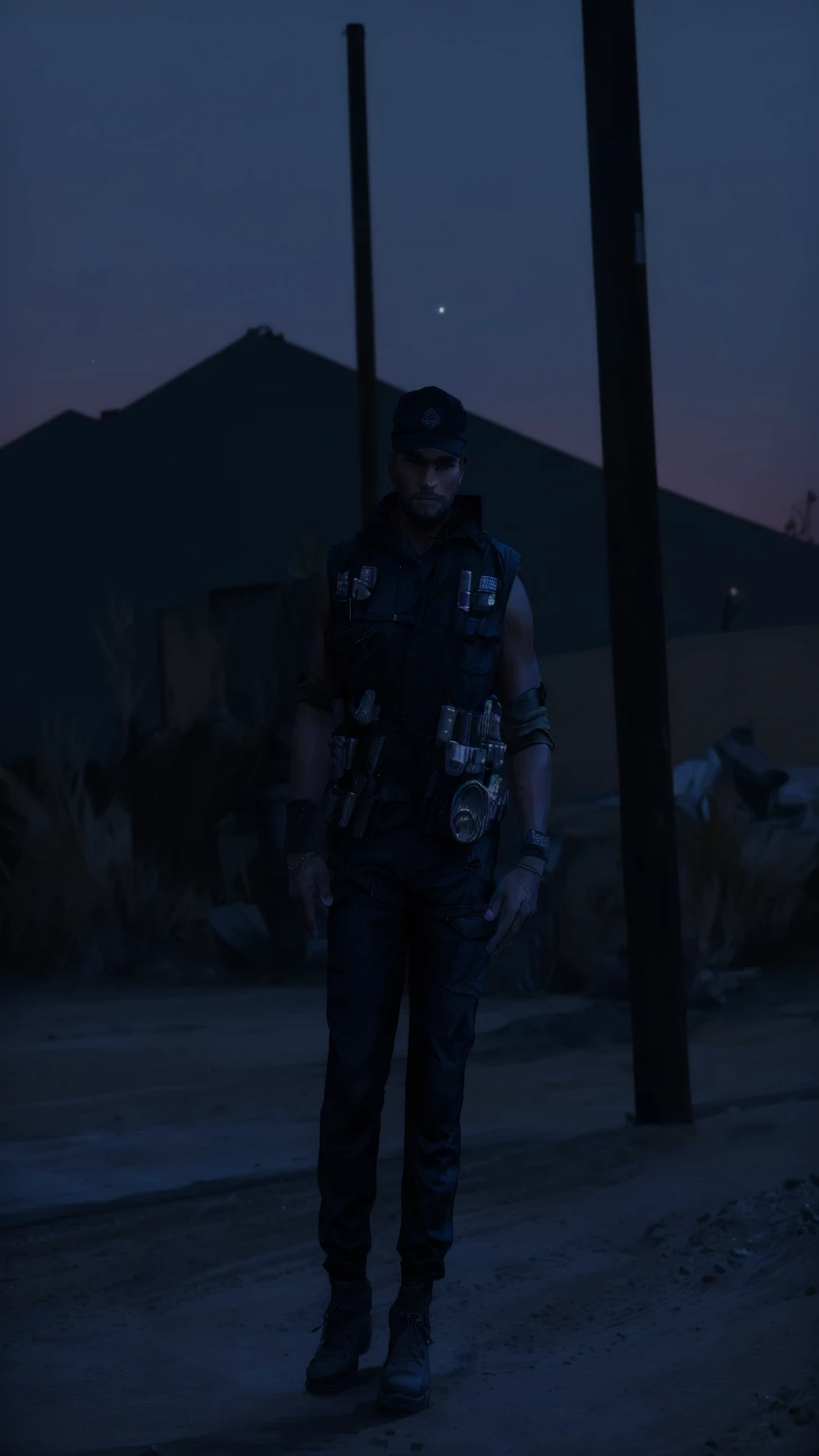 there is a man standing in the dirt with a hat on, mechanic rider outfit, highly detailed full body, in a dark space mercenary outfit, realistic