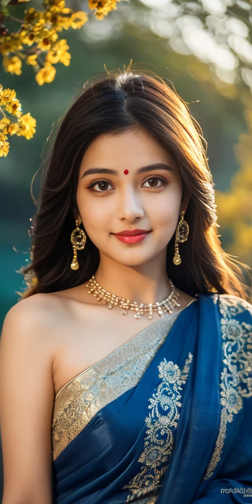 8K, ultra high detailed, an indian girl, cute face, happy, long hair, impressive hairstyle, detailed eyes, detailed lips, indian clothes, saree, dark blue saree, lace, wearing jewellery, nature background, flowers, afternoon, shadow, clear weather, whole body capture,