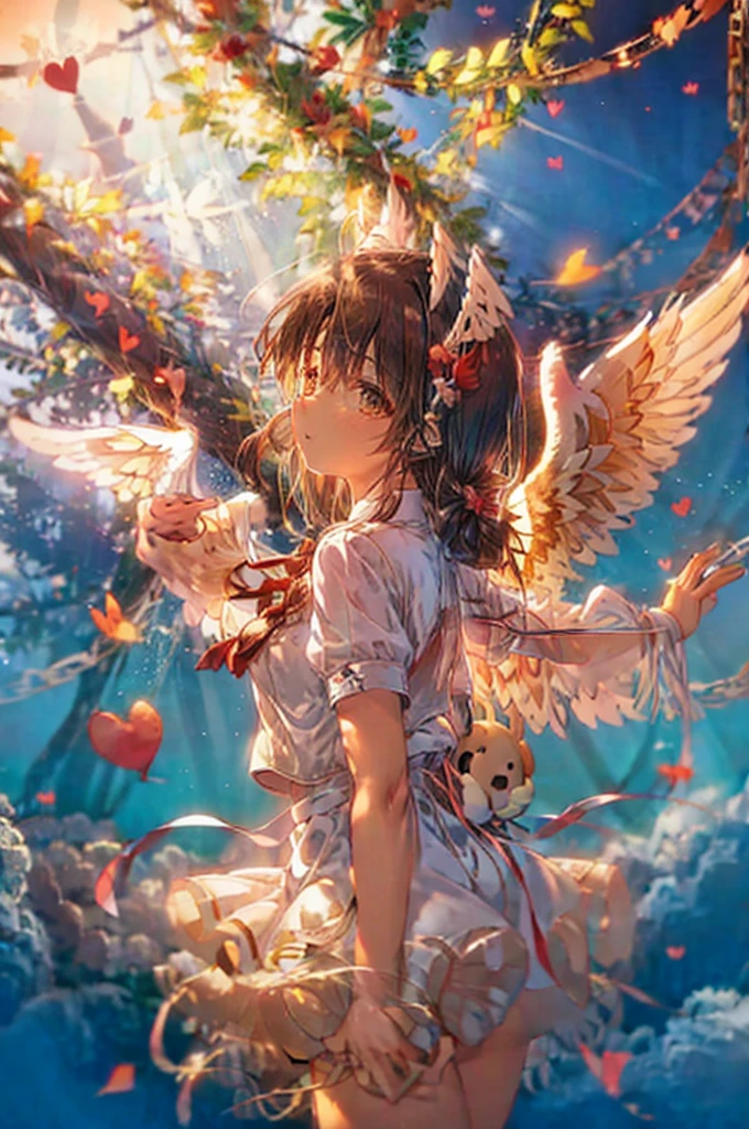 A teddy bear with a wings holding a heart