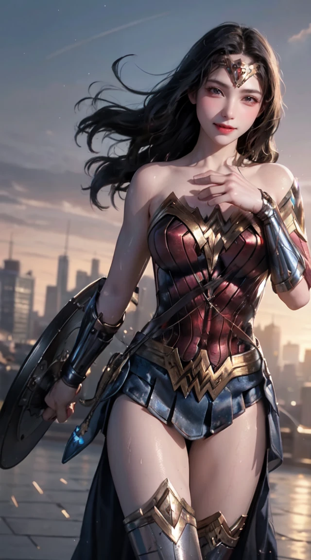 best quality, 1girl, solo, wonder woman, breasts, shiny skin, looking at viewer, cowboy shot, black hair, brown eyes, cityscape, blurry background, dynamic pose, night,hold a shield, wet,