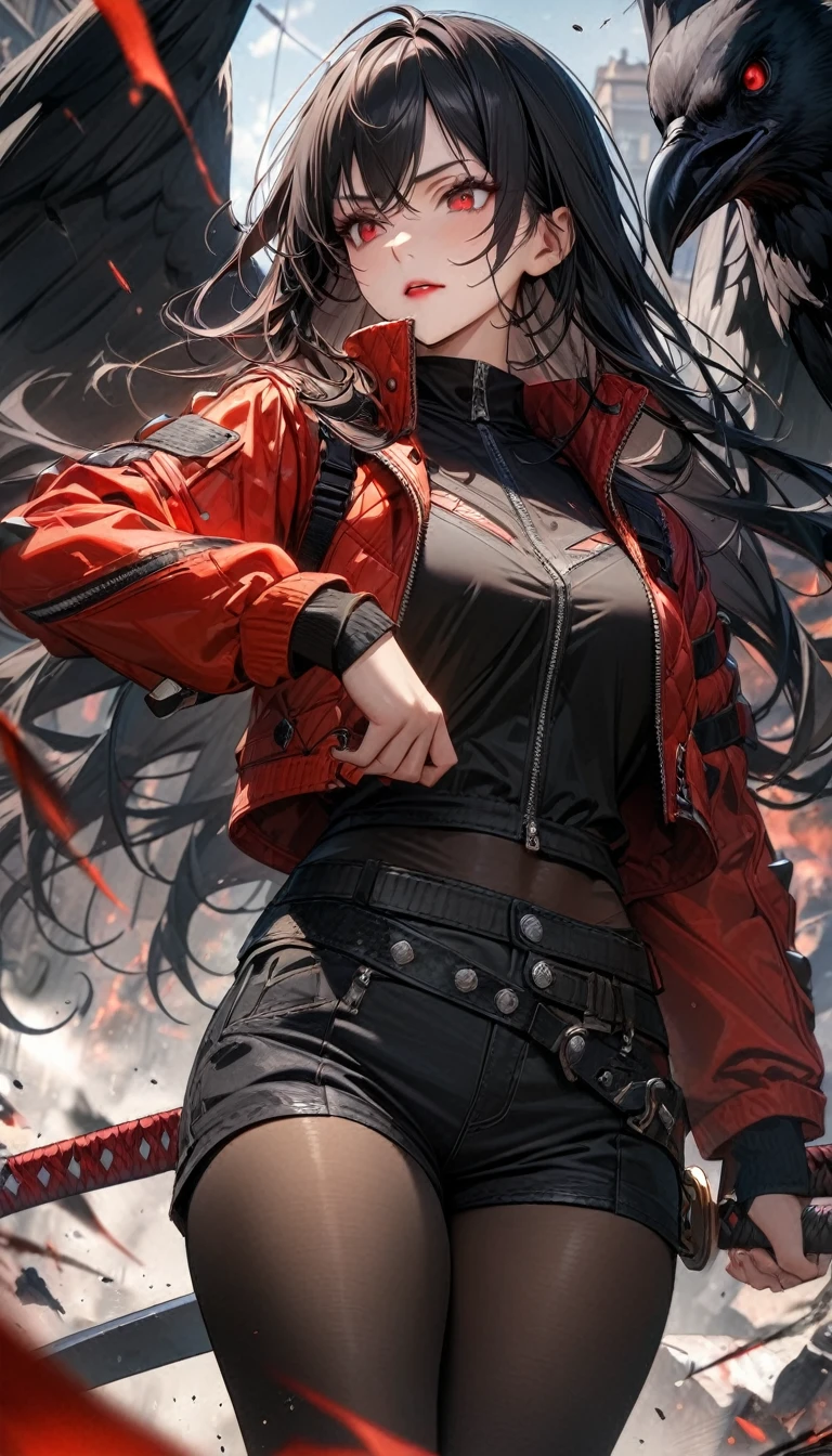 Adult woman, long black hair, red eyes, red lipstick, red ripped battle jacket, long sleeves, spike armor, shorts, black tights, katana, raven, Masterpiece, best quality, Full HD, 8k, ultra details, great graphic