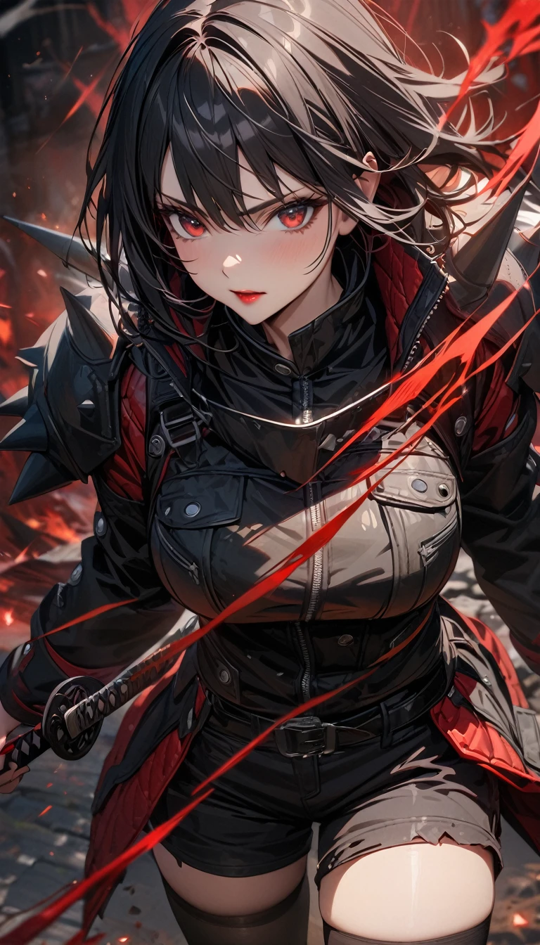 Adult woman, long black hair, red eyes, red lipstick, red ripped battle jacket, long sleeves, spike armor, shorts, black tights, katana, raven, Masterpiece, best quality, Full HD, 8k, ultra details, great graphic