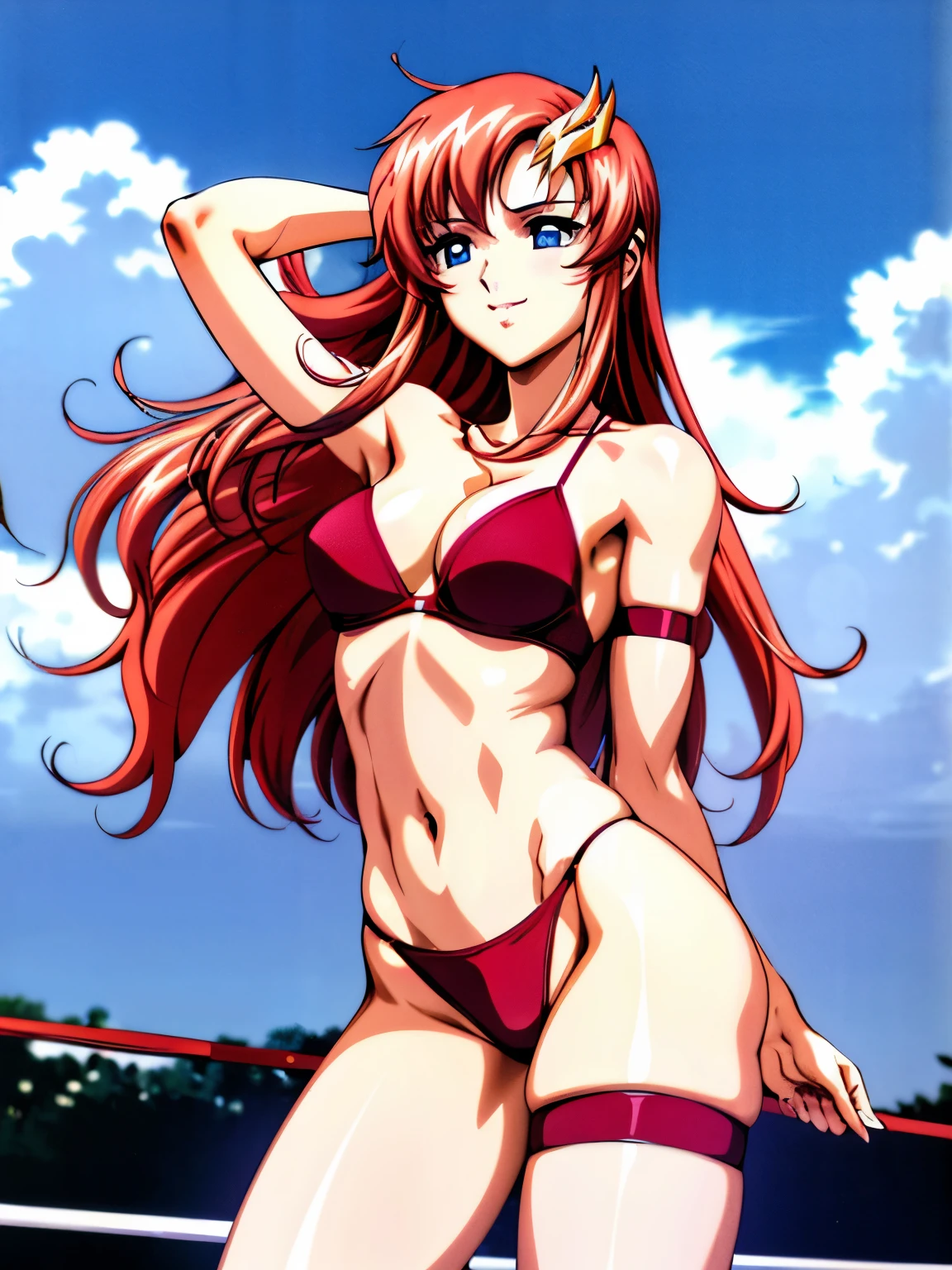 lacus4, (red bikini, running, thong, tall girl, masterpiece, cowboy shot, very slim shoulders, 4K, Best Quality, Anime style: 1.9, happy, Adult Woman, (ultra detailed head), (Crowd, cloud background), Drawing lines, high resolution, lacus4), 1girl, Solo, curvy figure, clavicle, scapular, (Detailed wide hair bangs, slim arms), cleavage, (Big blue eyes, shiny eyes), ((female wrestler, (slim body), slim arms, thighs)), ((perfect proportions, medium breasts, medium thighs, long belly)), ((totally red bra, leg strap)), smile with a wink, (standing, hot colors), detailed fingers, (bare shoulder, stretching, one arm up, white armpit, looking away)
