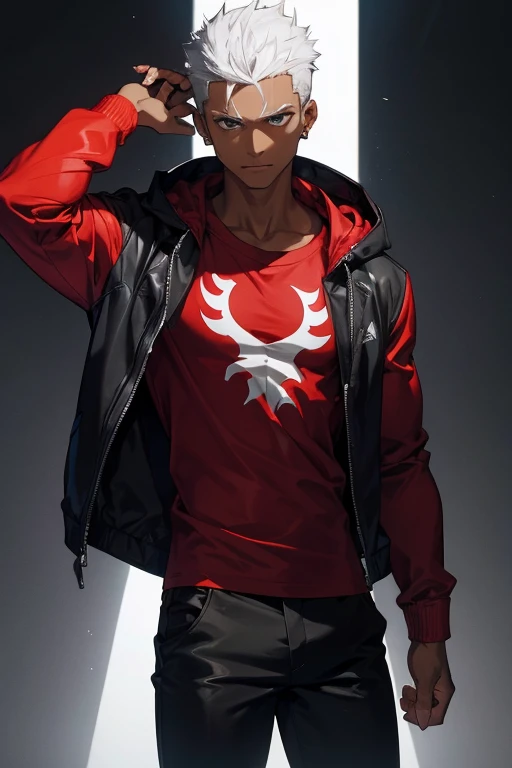 white spikey hair, dark skin, dark-skinned male, open black hooded jacket, red t-shirt, black pants