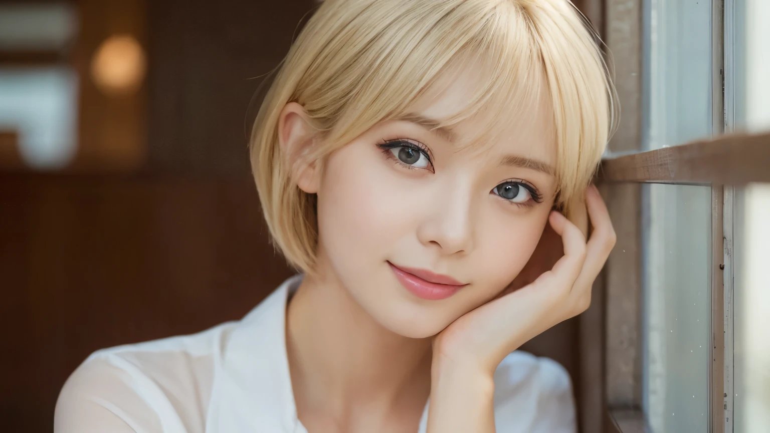 (photograph:1.2)、(Realistic:1.4)、(masterpiece:1.3)、(Highest quality:1.4)、超High resolution、(Detailed eyes)、(Detailed facial features)、(Detailed clothing features)、8k resolution、Focus Only、prohibit、double eyelid、Japanese, (One Girl), Beautiful Face, (Lively Faces), (blonde, short hair:1.3), Beautiful Hairstyles, Realistic eyes, Beautiful Eyes, (Realistic Skin), Beautiful Skin, Charm, 超High resolution, Surreal, High resolution, View your viewers,Laughter,Open white shirt,カフェ店内でphotograph