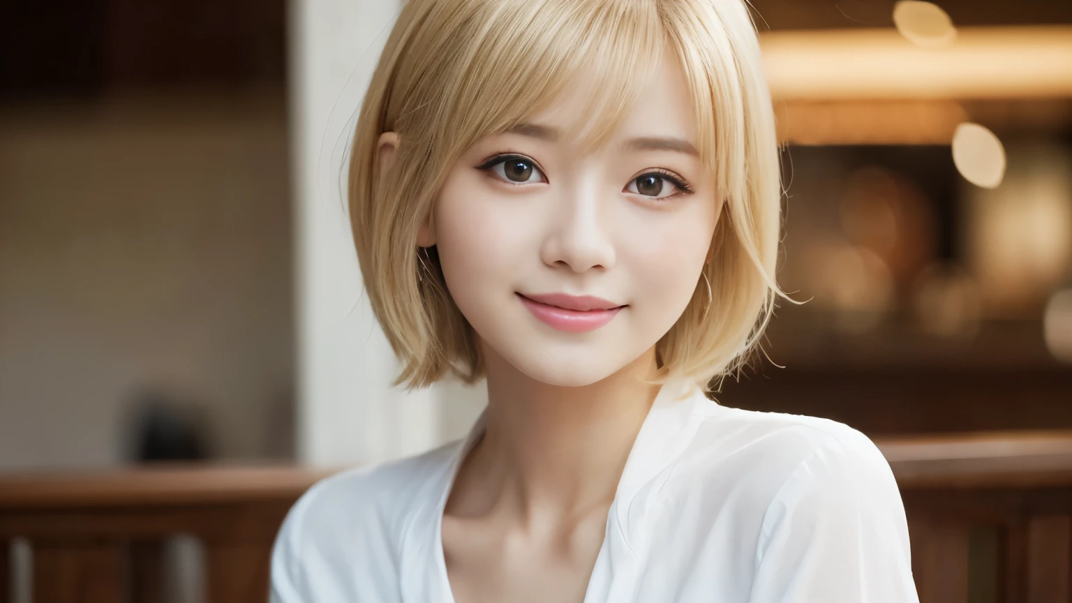 (photograph:1.2)、(Realistic:1.4)、(masterpiece:1.3)、(Highest quality:1.4)、超High resolution、(Detailed eyes)、(Detailed facial features)、(Detailed clothing features)、8k resolution、Focus Only、prohibit、double eyelid、Japanese, (One Girl), Beautiful Face, (Lively Faces), (blonde, short hair:1.3), Beautiful Hairstyles, Realistic eyes, Beautiful Eyes, (Realistic Skin), Beautiful Skin, Charm, 超High resolution, Surreal, High resolution, View your viewers,Laughter,Open white shirt,カフェ店内でphotograph