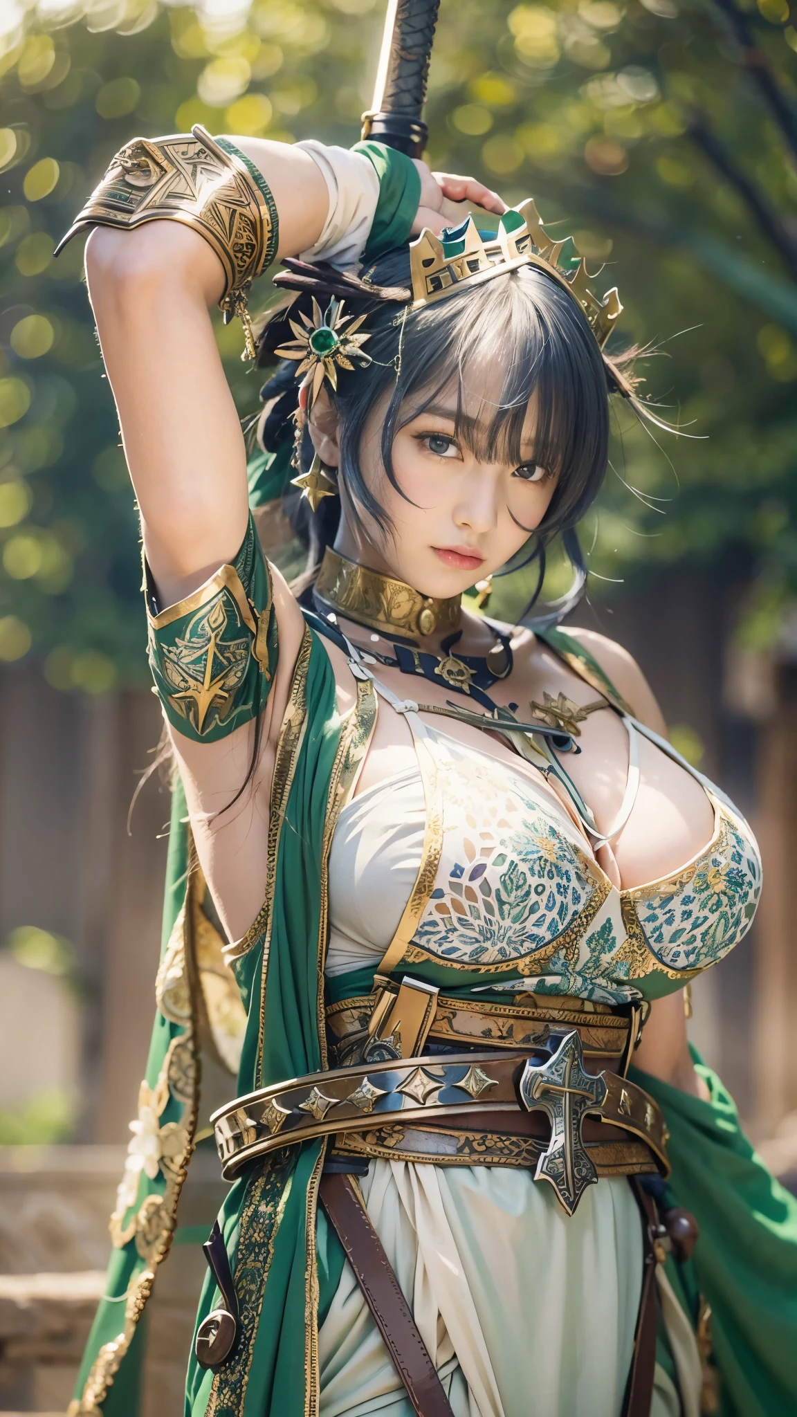 Extremely realistic and detailed image quality、Medieval Europe、A beautiful priestess wearing a green mitre with a cross design、Tiny green halter swimsuit、Bust 40 inches、ＭCup Bust、Super big breasts、Toned Abs、Nipples are visible through the、You can see through the streaks of your、Dark blue medium short hair of equal length、Standing upright with hands clasped behind back、Leather belt worn across the shoulder、Sword Carried、Medieval Europeのお城の前