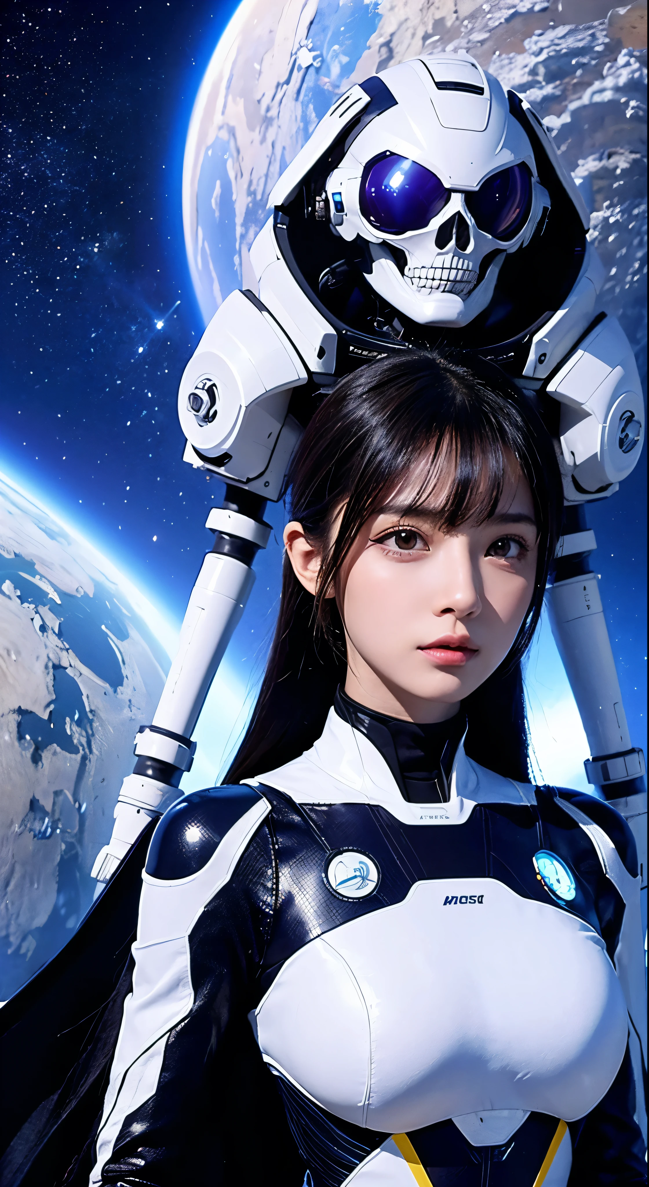 Arafee image of a woman in a futuristic suit with a spaceship in the background、In front of the planet background、Cinematic art、Female protagonist、Megastructure in the background、AI Astronaut Portrait、Astronaut Skeletor portrait、Perfect android girl、Beautiful astronaut，Facial details