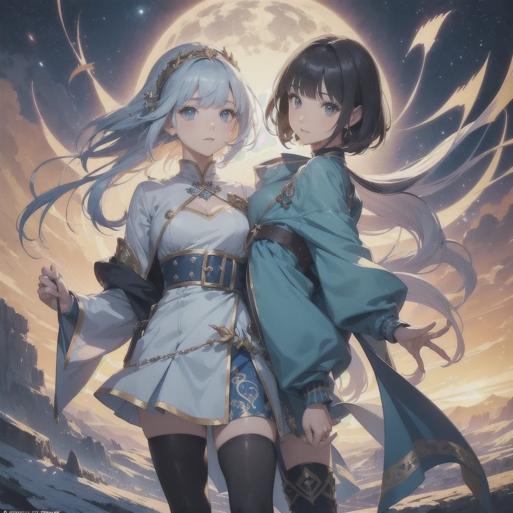 (Fantasy Illustration:1.3), (Front facing,Standing,Delicate facial expression,One person:1.5), (anime,8k,masterpiece, Highest quality, Highest quality,beautifully、aesthetic:1.2,Professional illustrations:1.2,Super detailed:1.3), Very detailed, Most detailed, Incredibly absurd, High resolution, Super detaileded, Complex:1.6, (girl), Very exquisite beautiful face and eyes, Beautiful Hair, Bob Hair, Blunt bangs, A wizard-style tunic in blue and white.,A blue mini skirt following the jacket,tights,head band,Wristband,boots