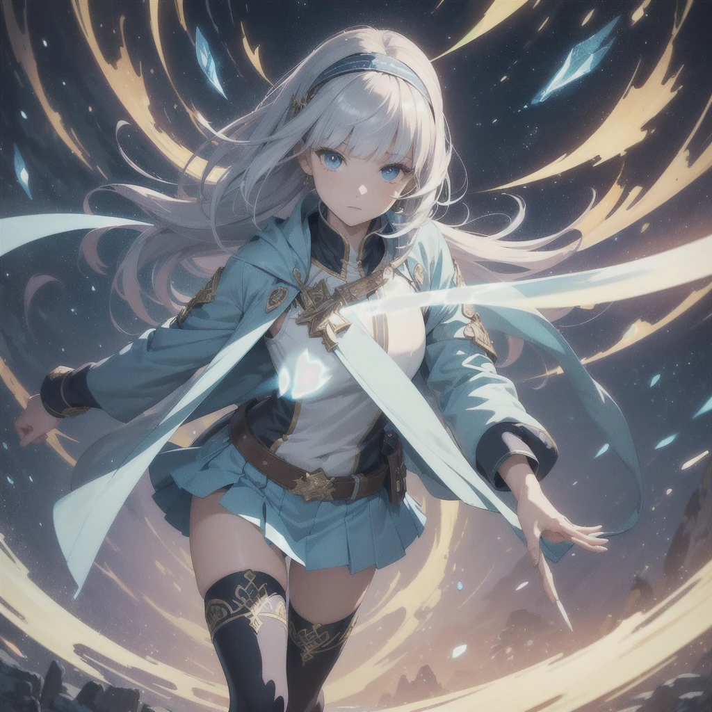 (Fantasy Illustration:1.3), (Front facing,Standing,Delicate facial expression,One person:1.5), (anime,8k,masterpiece, Highest quality, Highest quality,beautifully、aesthetic:1.2,Professional illustrations:1.2,Super detailed:1.3), Very detailed, Most detailed, Incredibly absurd, High resolution, Super detaileded, Complex:1.6, (girl), Very exquisite beautiful face and eyes, Beautiful Hair, Bob Hair, Blunt bangs, A wizard-style tunic in blue and white.,A blue mini skirt following the jacket,tights,head band,Wristband,boots