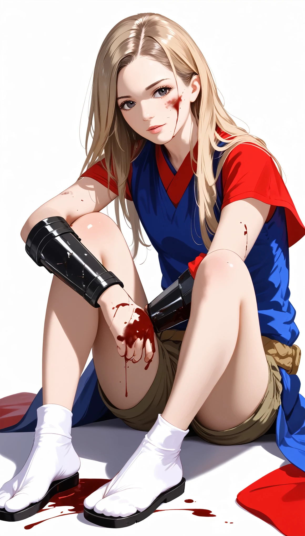 Best quality,masterpiece,ultra high res,(photorealistic:1.4)1girl,white background,solo,blood,arm guards,simple background,male focus,looking at viewer,black eyes,tabi,floating long hair full body,, dirty blonde,,upper body,cargo shorts,sitting,