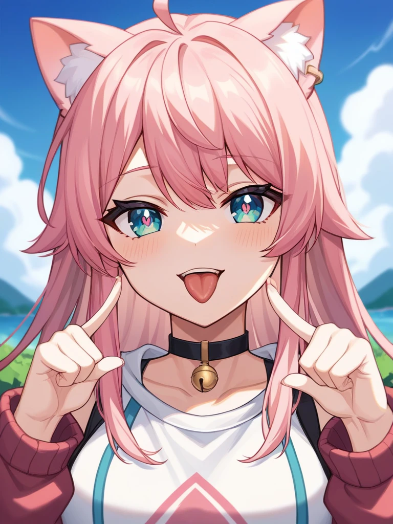 Adult, Female, long pink hair, oceanic eyes, winking, tongue out, vtuber, otaku bedroom, Masterpiece, Accurate, Anatomically Correct, Best Quality, High Details, Detail, Super Detailed, Best detail, Perfect detail, Amazing detail, [-3, 3], perfect fingers, perfect body, best body, amazing body, Looking at viewer, front facing, upper body shot, Cat Ears, Close-Up, 