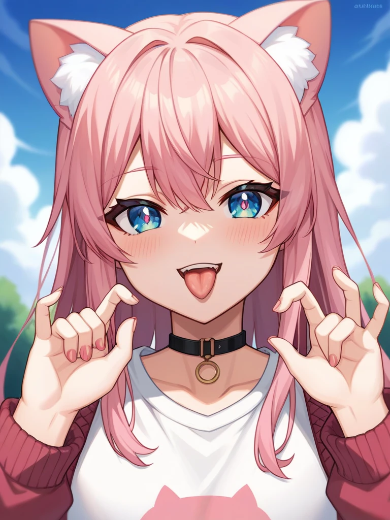 Adult, Female, long pink hair, oceanic eyes, winking, tongue out, vtuber, otaku bedroom, Masterpiece, Accurate, Anatomically Correct, Best Quality, High Details, Detail, Super Detailed, Best detail, Perfect detail, Amazing detail, [-3, 3], perfect fingers, perfect body, best body, amazing body, Looking at viewer, front facing, upper body shot, Cat Ears, Close-Up, 