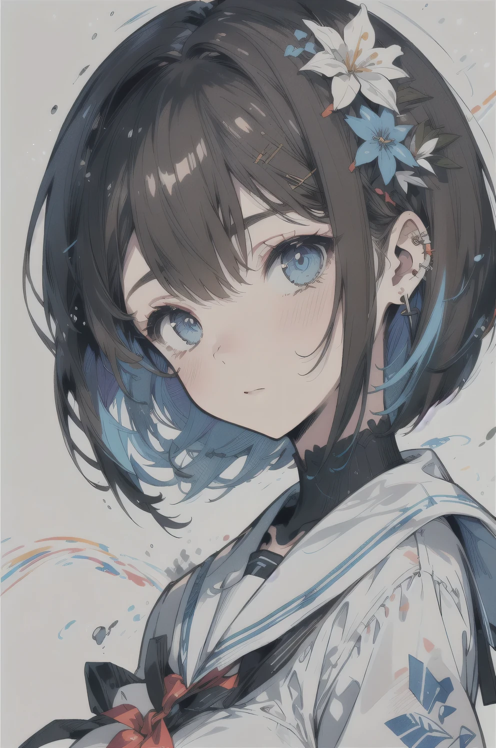 (best quality), (Super detailed), (Best Illustration), (masterpiece), score_9, score_8_up, score_7_up, (4k), (1woman), (white serafuku), (large breasts), {brown hair, (sideburns), (bob cut:1.3), curly hair, hairs between eyes, colored inner hair}, blue eyes, embarrassed, nose blush, earring,