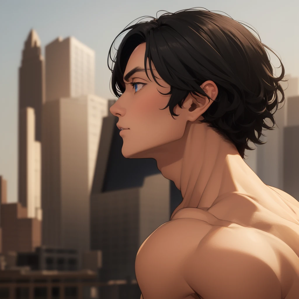 best quality, masterpiece, black hair, blue eyes, profile, upper bodyn muscular man