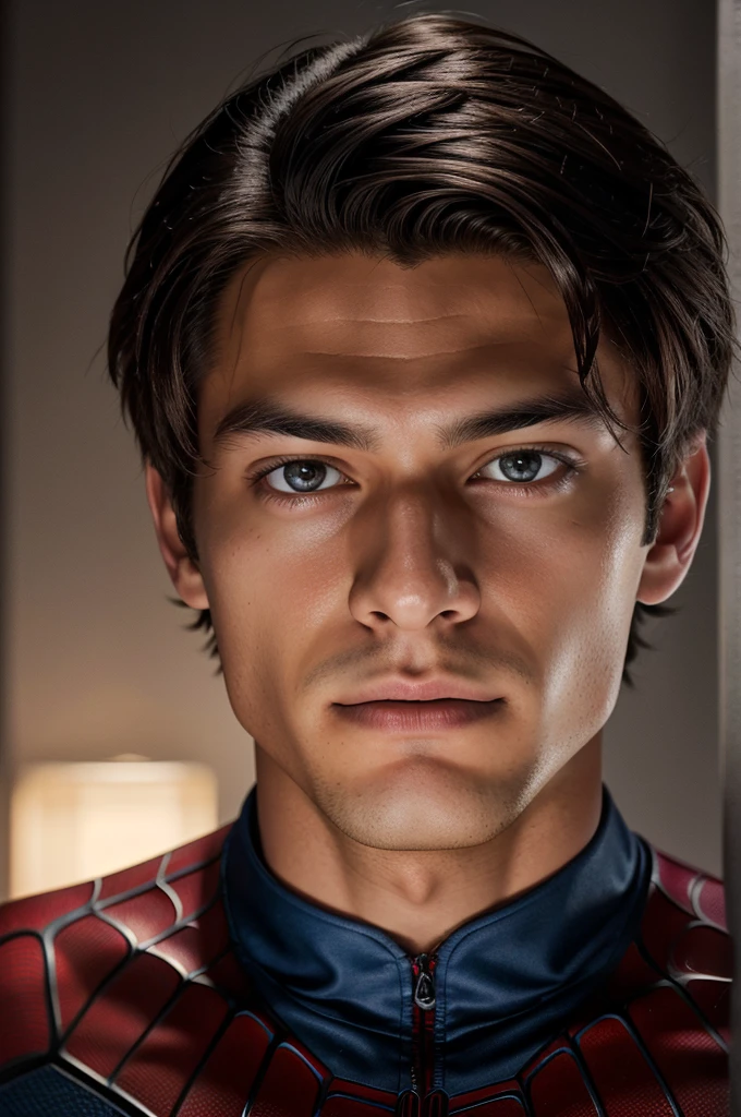 A photograph of spider man, no mask, 20 yo, handsome, detailed face, looking at camera, portrait, 8k uhd, high quality