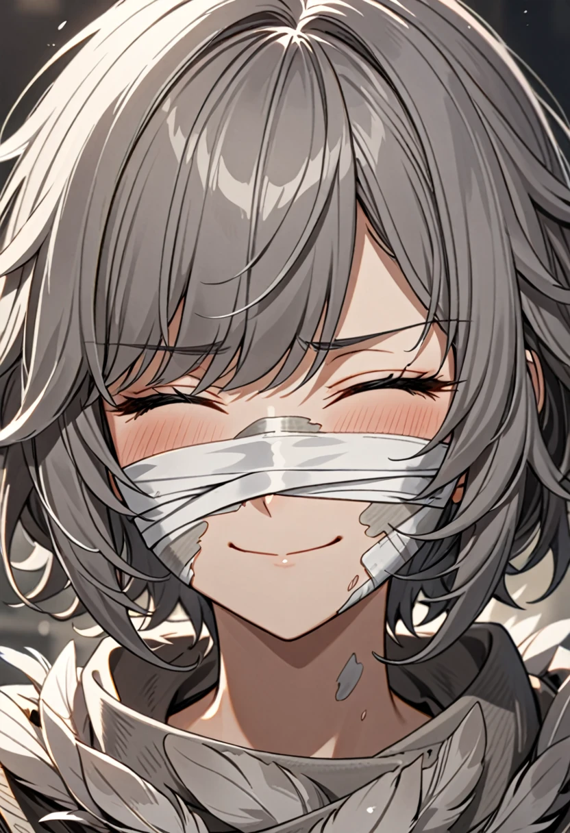 8K Ultra High-Quality, ultra-detailed, High quality, Dark Grey hair, short hair, grey owl feathers on the hair, smug face, closed eyes, bandage covering injuries, bandage covering the eyes, face close up