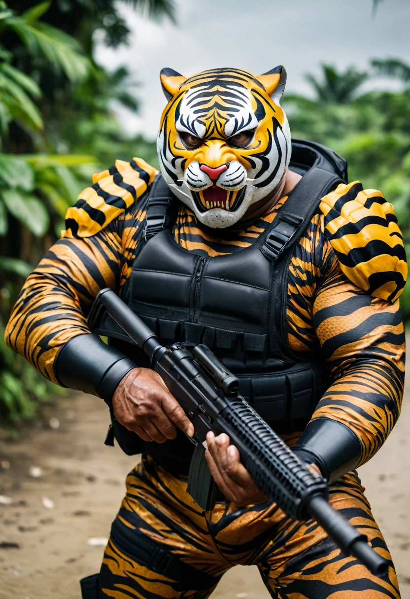 (a dark-skinned fat muscular old man in a bulky camouflage zipper diver suit) shooting with a gun and (wearing roaring siberian tiger mask that show the wearer eyes), muscular, Basuki Abdullah, sumatraism, action, a character portrait, heroic, , snarling, raising fist