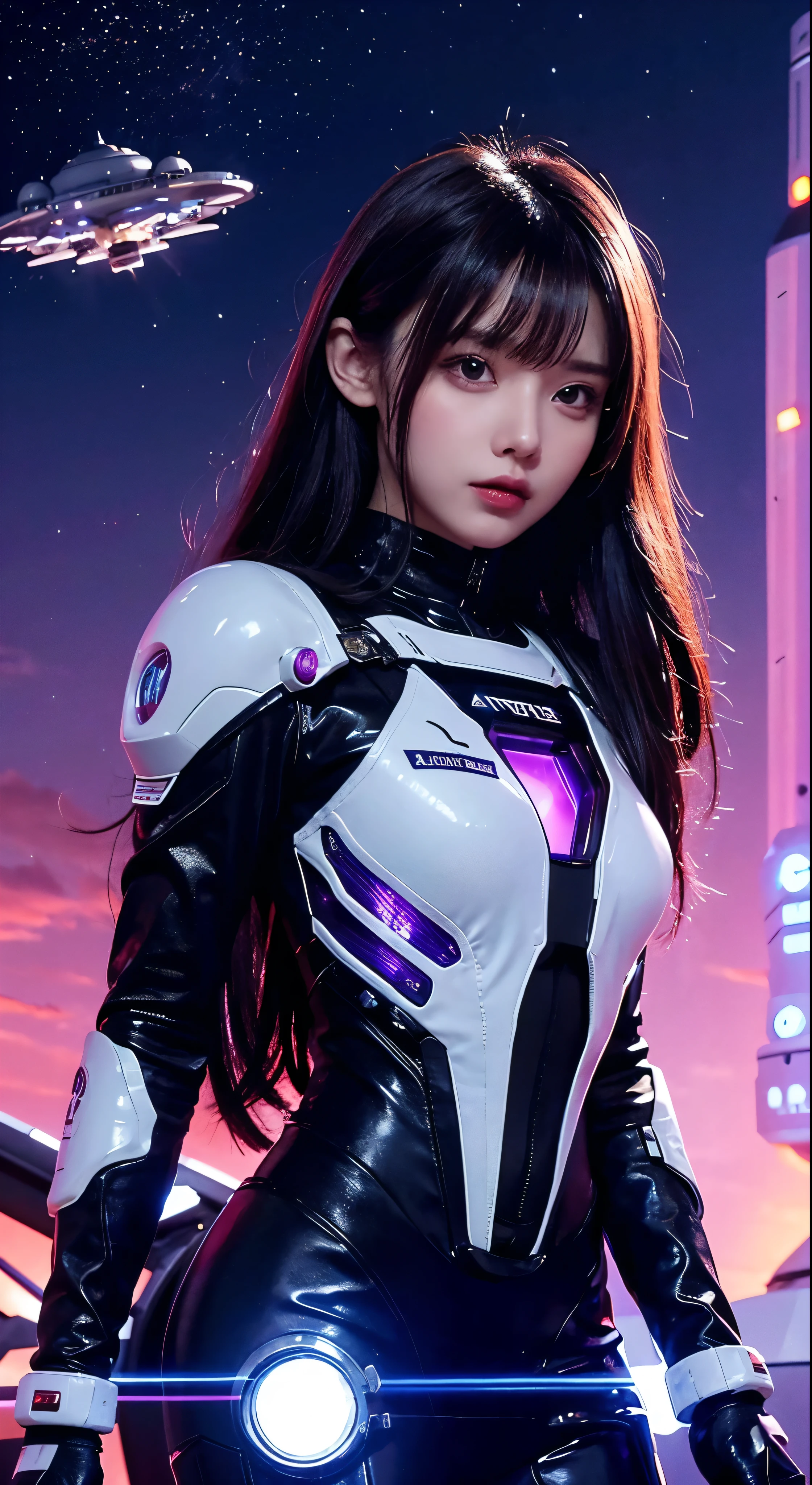 Arafee image of a woman in a futuristic suit with a spaceship in the background、In front of the planet background、Cinematic art、Female protagonist、Megastructure in the background、AI Astronaut Portrait、Astronaut Skeletor portrait、Perfect android girl、Beautiful astronaut，Facial details