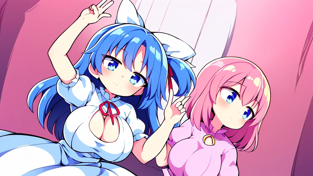 (best quality,4k,8k,highres,masterpiece:1.2), top-quality(masterpiece), top-quality, ultra-detailed, highly detailed texture, intricate details, high quality textures, A cute age angel with blue eyes, big pink ribbon in her hair, drawn in anime style, 1girl, (((1girl in))), , 10 y(loli))), ((child), medium blue hair, hair flaps, pink ribbon on head, well-formed face, Beautiful face, blue eyes, pretty eyes, angel girl, white blouse, puffy short sleeves, red ribbon, angel wings, long white skirt, red shoes, frills, ribbon head, A pair of angel wings on the back, clean line drawings, cute, perfect symmetrical face, from behind, to lift up one’s skirt, cowboy shot, from front, standing , raise one leg, crossed arms, arms up behind, arms behind back, hand between legs, put hands hip, one hand on hip, forward hands, arms raised in the air, punch hands, peace sign, waving, put up index finger, sit, lie down, closed eyes, lie face down, looking back, put one hand chest, leaning forward, cleavage, close up, horizontally outstretched arms, horizontally outstretched legs, front view, front face, huge breasts for short stature, cleavage is clearly visible ,G-Cup