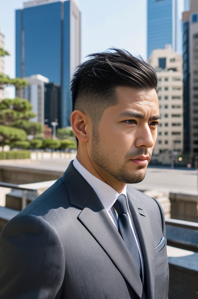 1st son, 35 years old Japanese male, (male:1.5), gray eyes, squinting, (very short hair:1.3), Under_cut, Pompadour, ((official)), ((suit)), (amazing, sharp) , fierce facial features,))), (Fat muscular body), (Fat physique), SFW, outdoors, detailed background, The modern city,